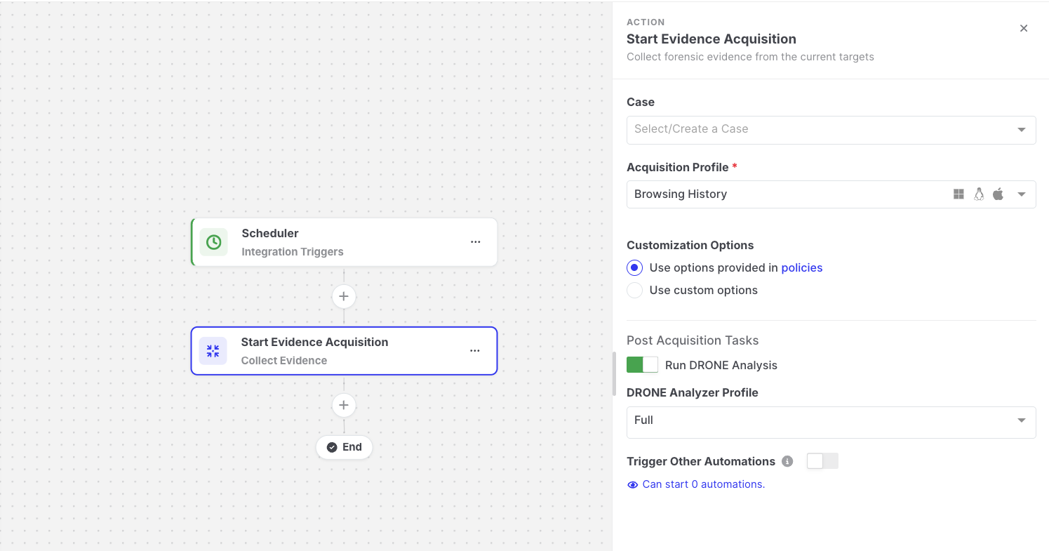 Start Evidence Acquisition: Action settings